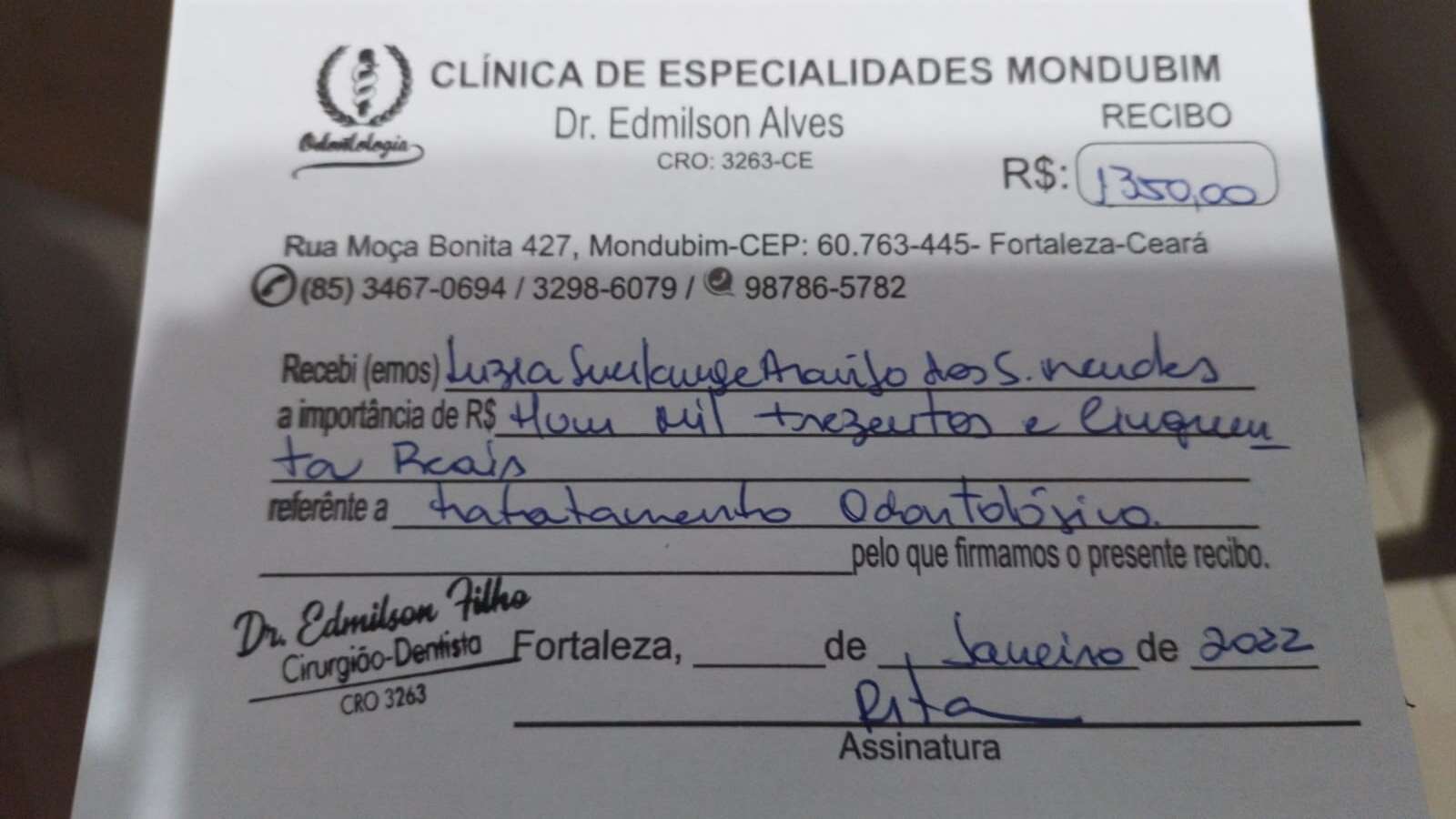 Recibo dentista secretaria do esporte